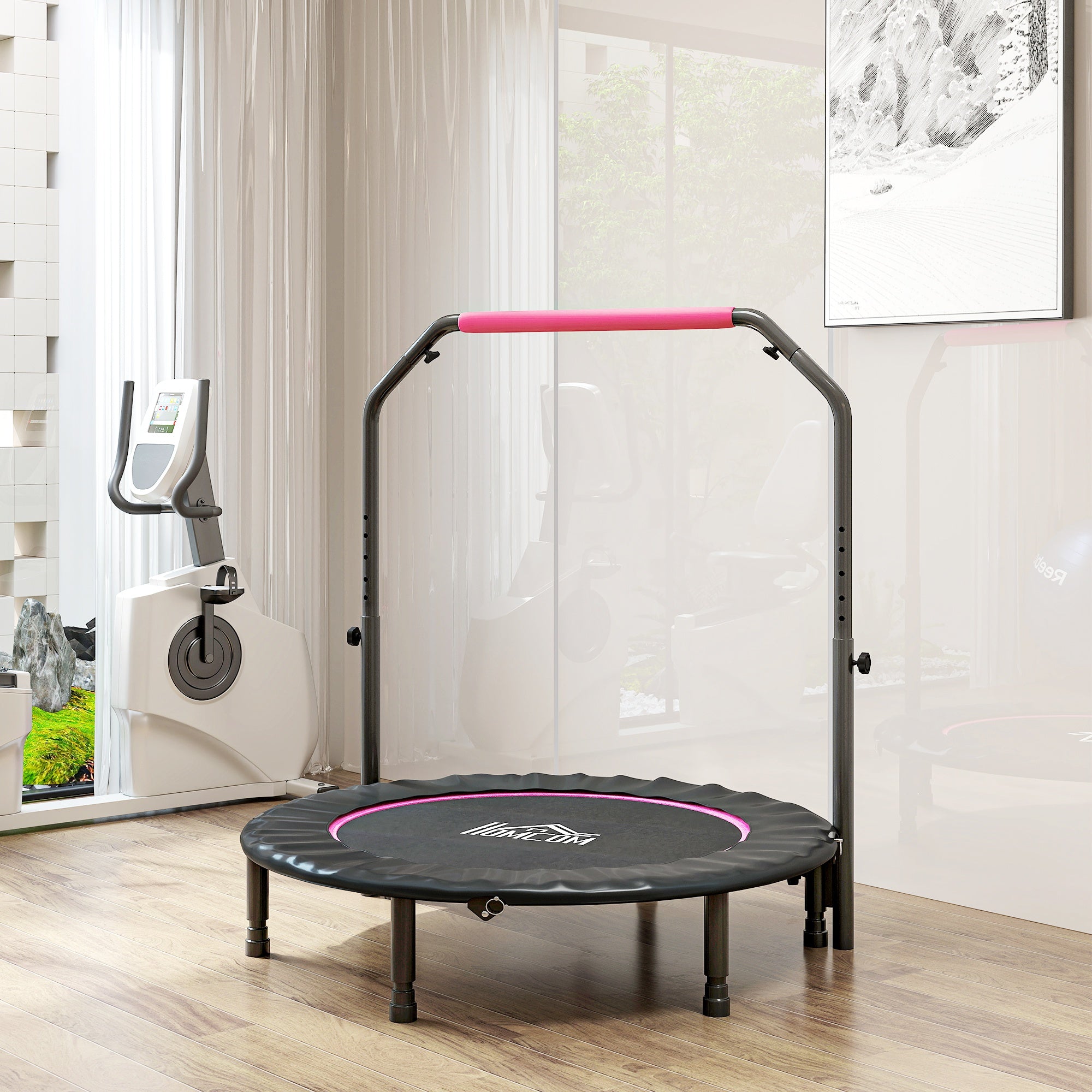 Homcom 45 foldable mini fitness trampoline in black and pink with steel frame six legs and adjustable foam handlebar