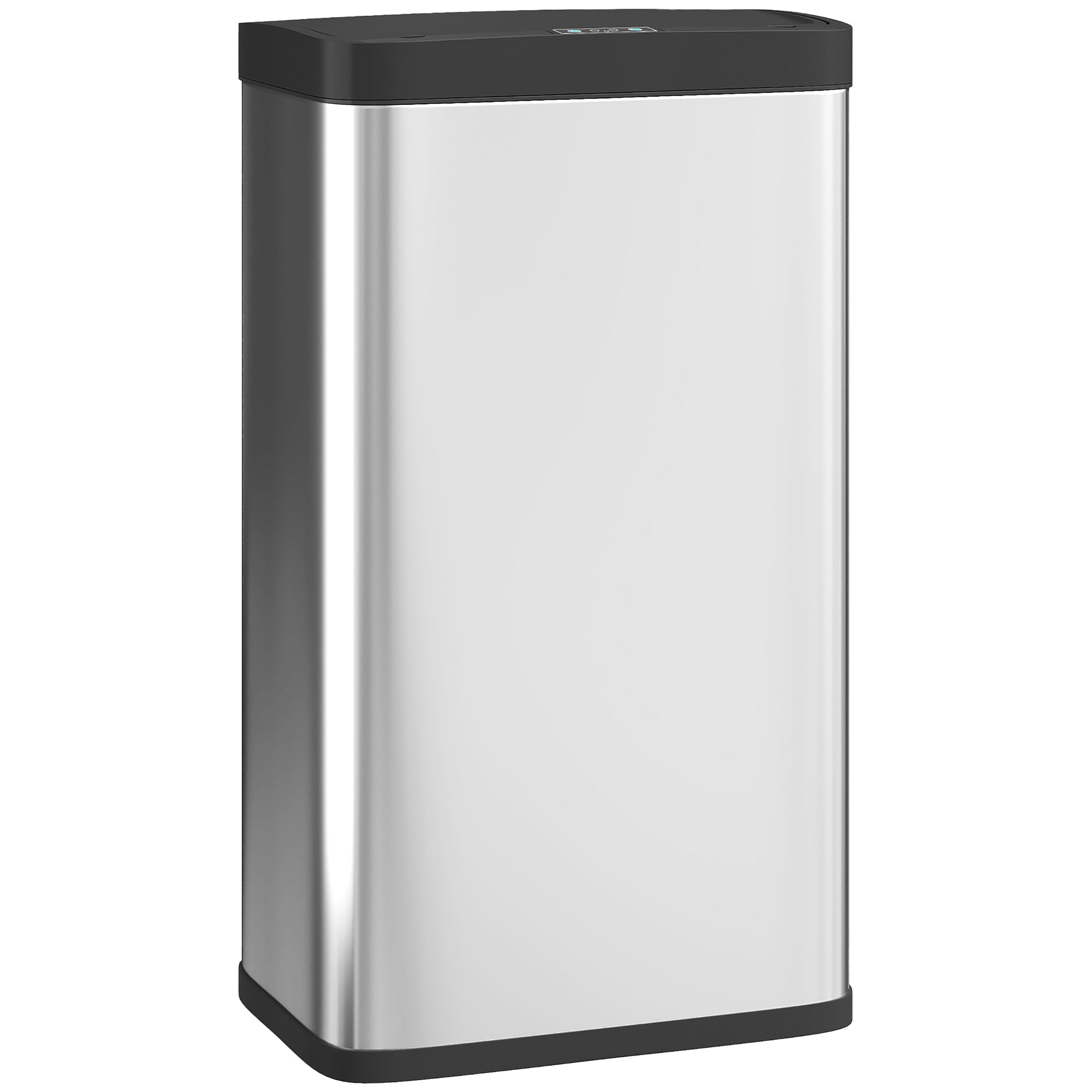 Silver stainless steel rectangular sensor bin with black top and base features a hand wave sensor and closes softly