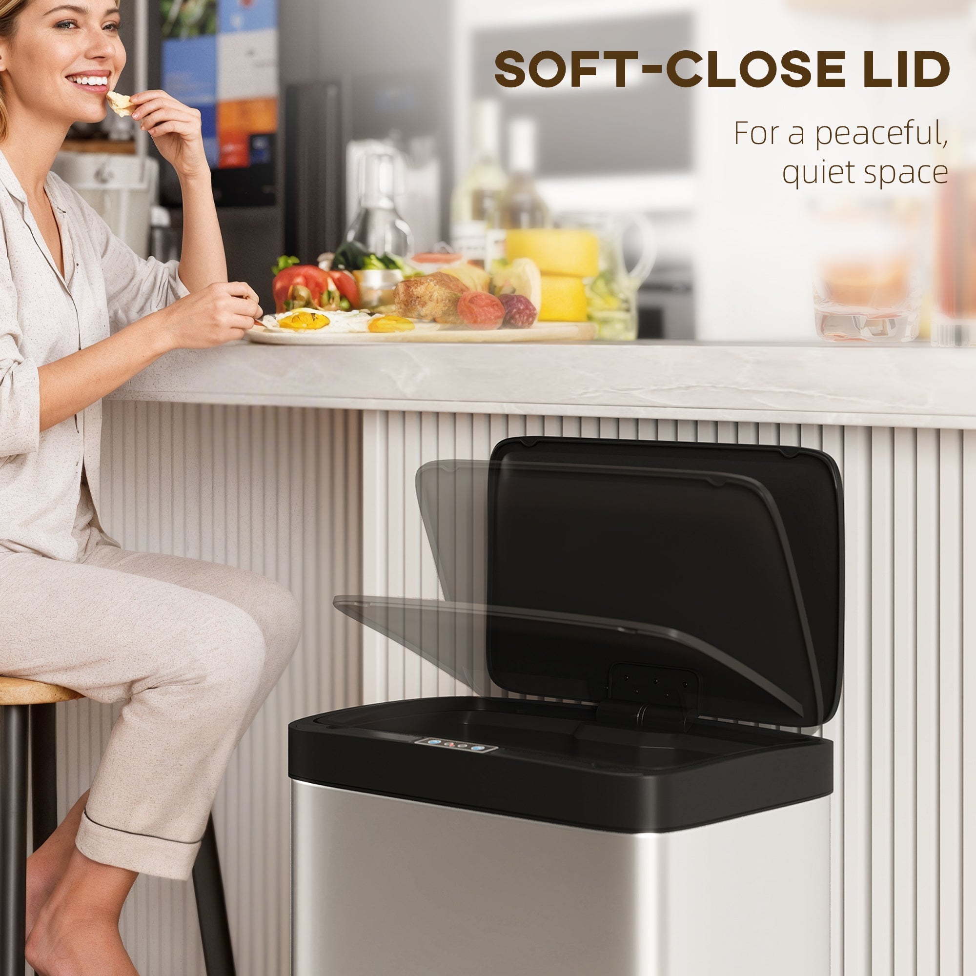 Silver stainless steel sensor bin with hand wave sensor and black soft close lid for easy waste disposal