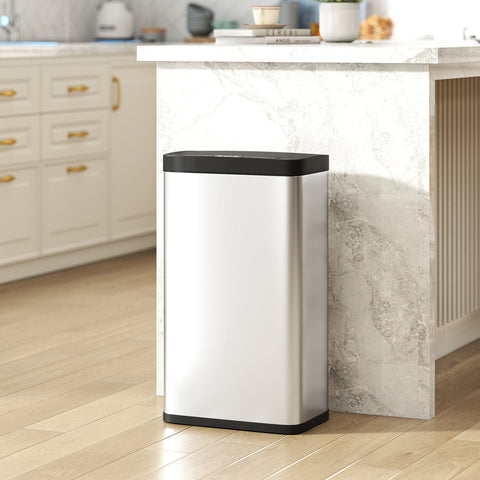 Silver rectangular stainless steel sensor bin with hand-wave sensor and black top closes softly and holds 45l