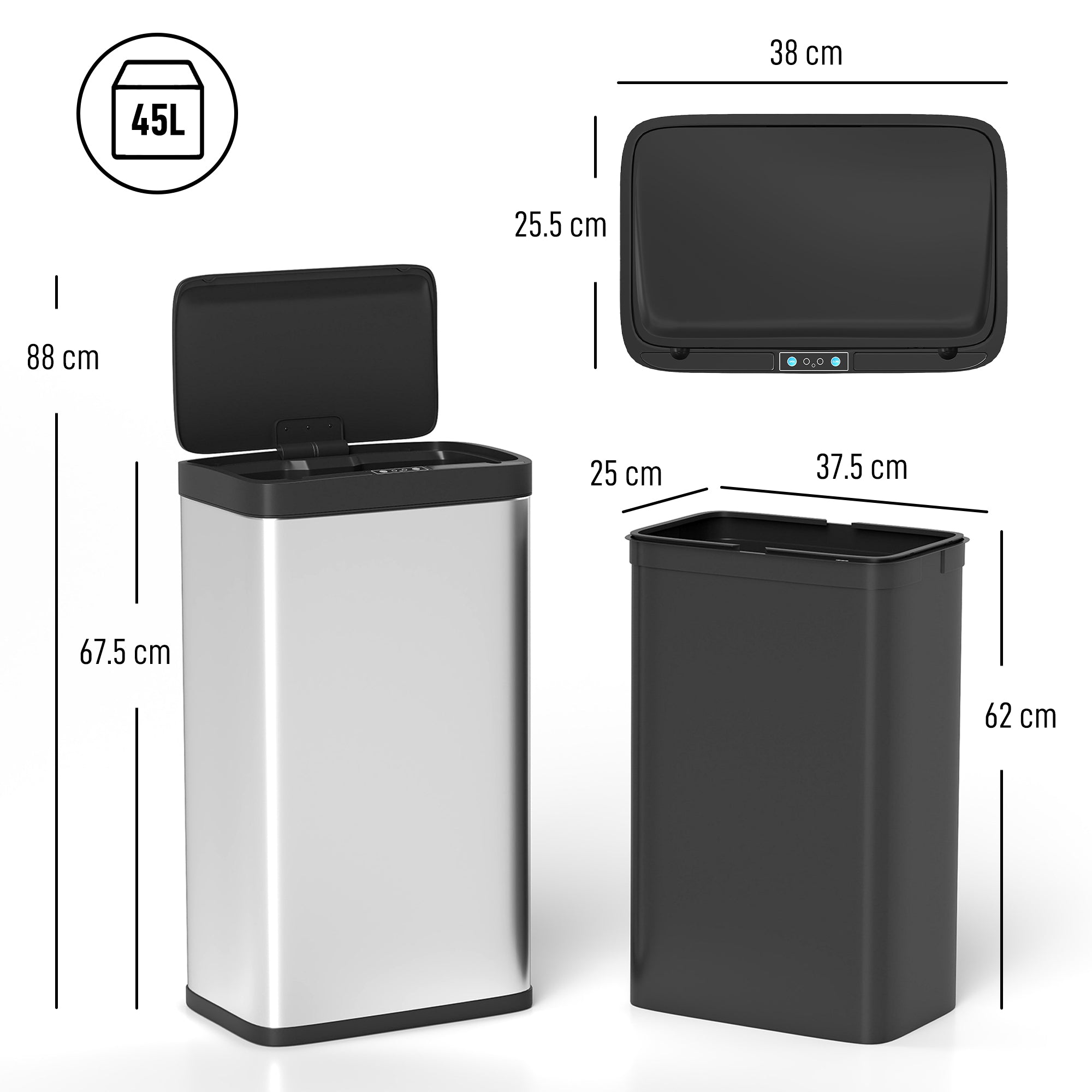 Silver and black stainless steel sensor bin with hand-wave sensor that closes softly ideal for modern kitchens