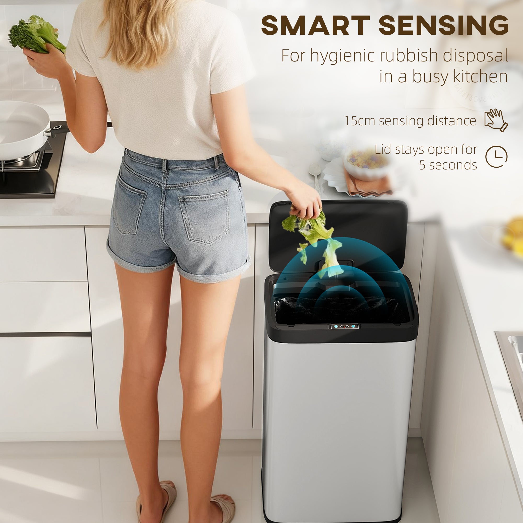 Silver and black homcom 45l stainless steel sensor bin with hand-wave sensor and lid that closes softly for hygienic use