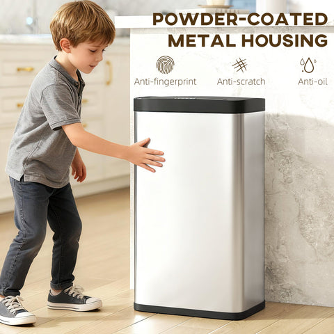 Silver powder-coated metal trash can sensor bin with black top base hand-wave sensor closes softly