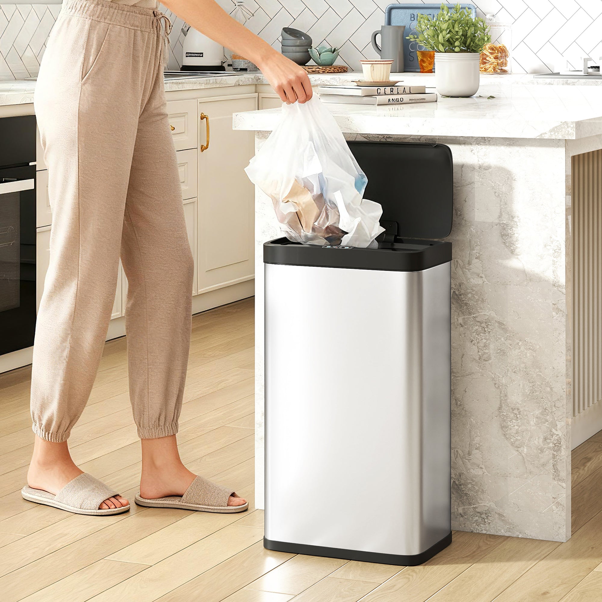 Silver homcom 45l stainless steel sensor bin with black lid and base features hand-wave sensor and closes softly