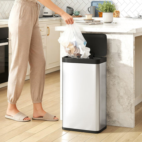Silver homcom 45l stainless steel sensor bin with black lid and base features hand-wave sensor and closes softly
