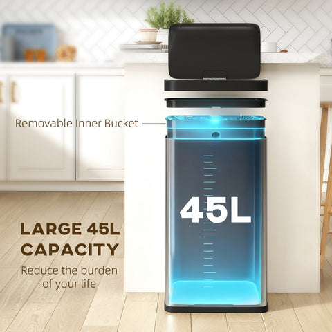 A sleek HOMCOM 45l stainless steel sensor bin in silver tone with hand-wave sensor and soft closing lid