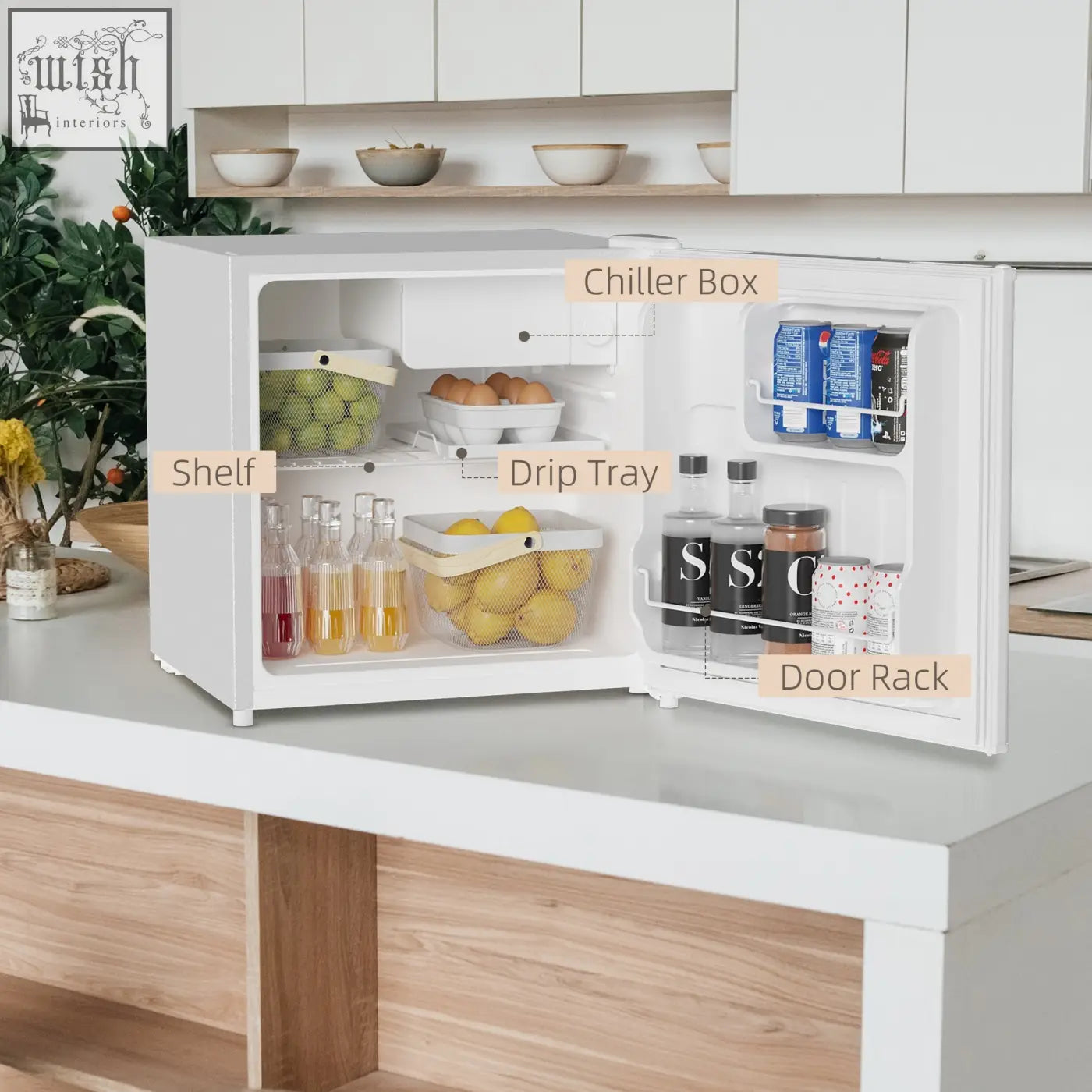 White homcom 46l capacity mini fridge with reversible door adjustable temperature and labeled compartments for home use