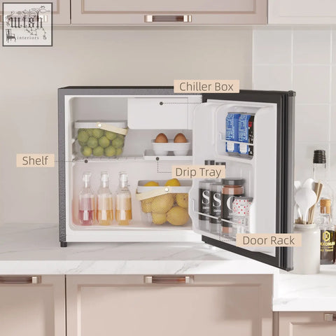 Compact black framed homcom 46l capacity mini fridge with reversible door adjustable temperature and stocked interior shelves