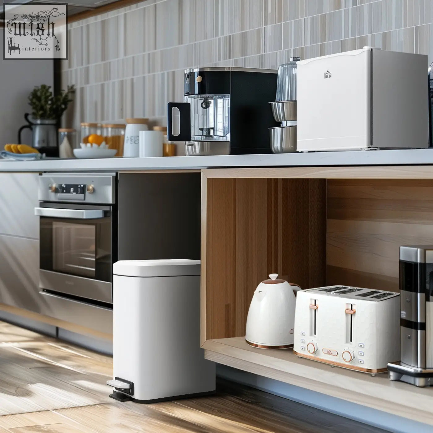 White pedal trash can next to homcom 46 litre mini fridge with reversible door and adjustable temperature controls