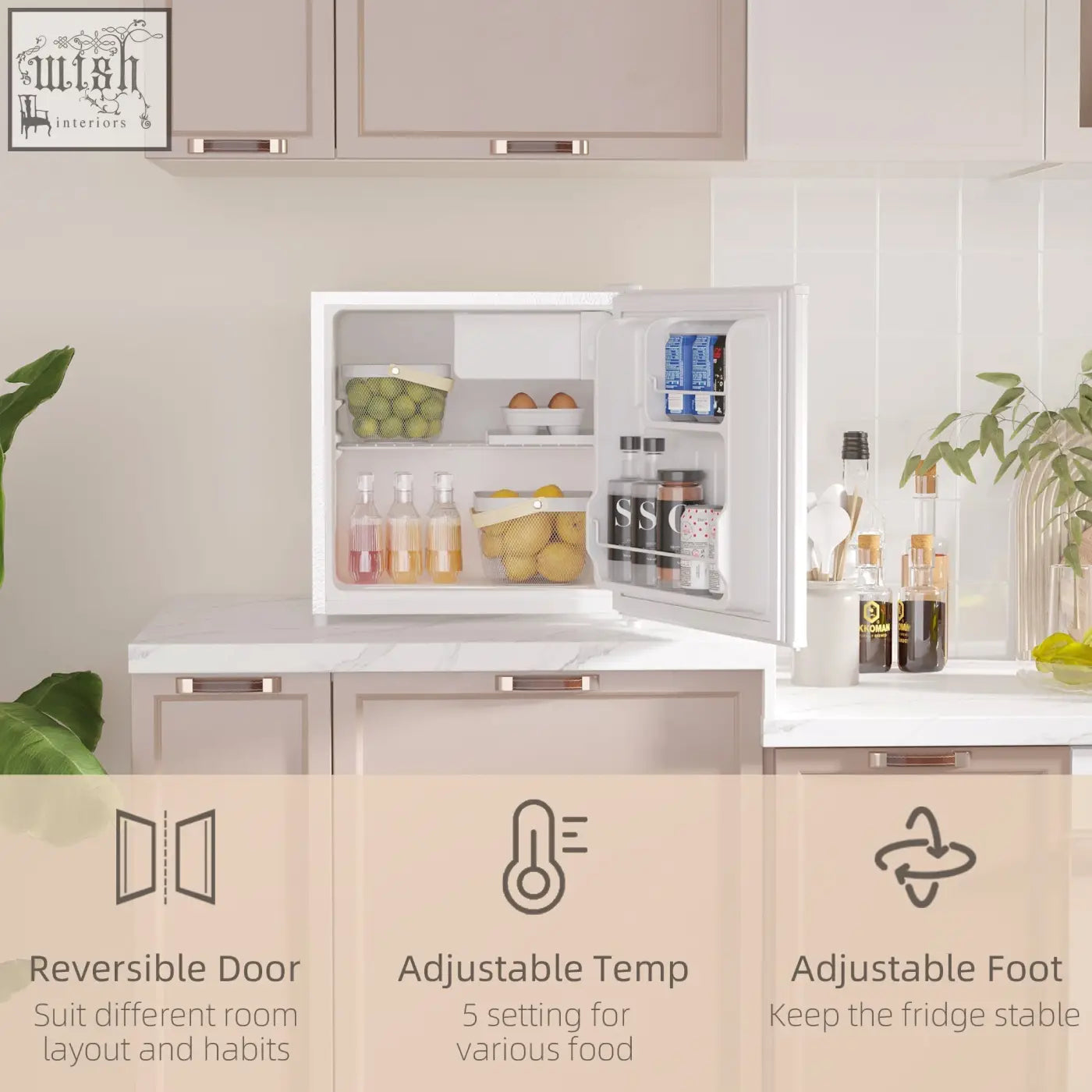 Cream HOMCOM 46l capacity table top mini fridge with reversible door and adjustable temperature for home office use