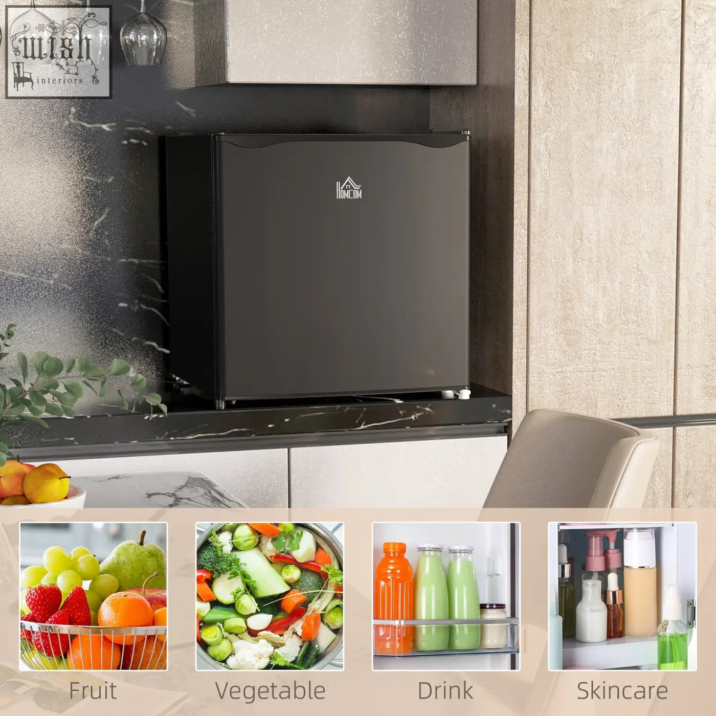 Black HOMCOM 46 litre mini fridge with reversible door adjustable temperature glossy finish for home office and bedroom
