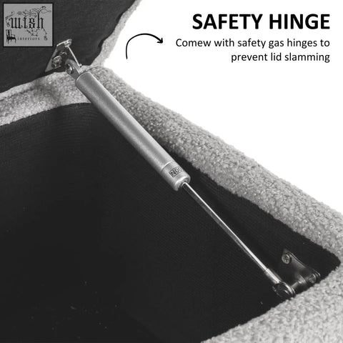 Silver gas-powered safety hinge on grey HOMCOM storage ottoman with wooden legs for small furnishings and storage use