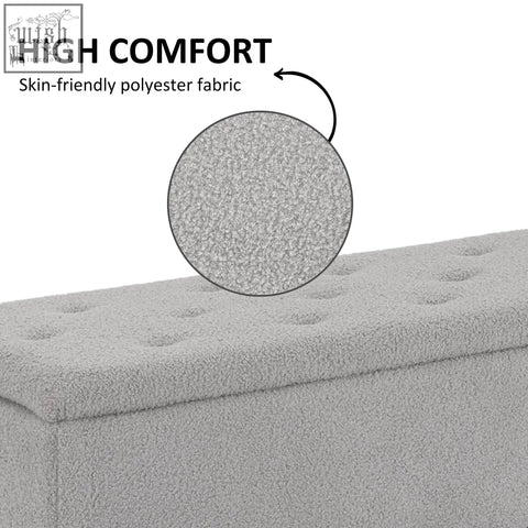 Gray tufted storage ottoman with wooden legs upholstered in skin-friendly polyester fabric for small furnishings