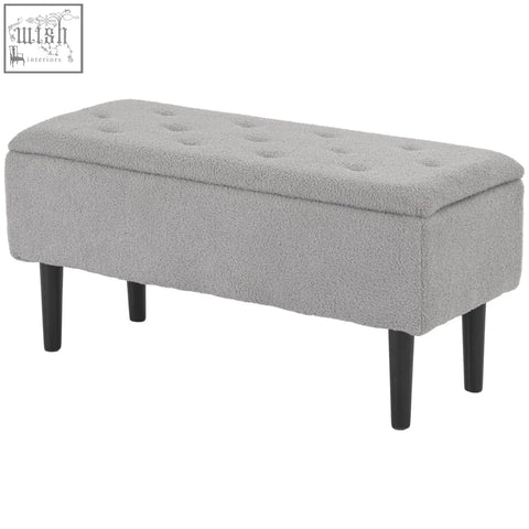 Gray tufted storage ottoman with wooden legs perfect small furnishings for living room or bedroom seating and storage