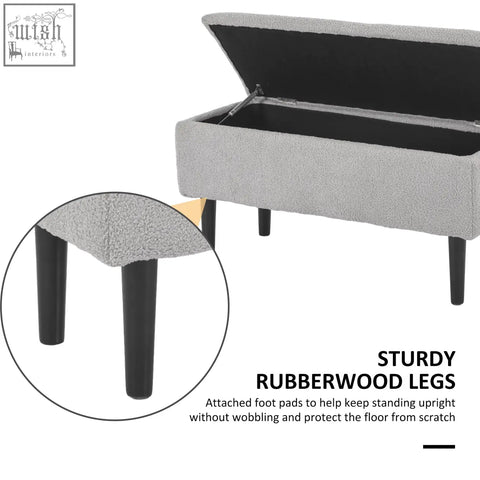 Gray upholstered storage ottoman with wooden legs and hidden compartment perfect as small furnishings for bedroom or living room