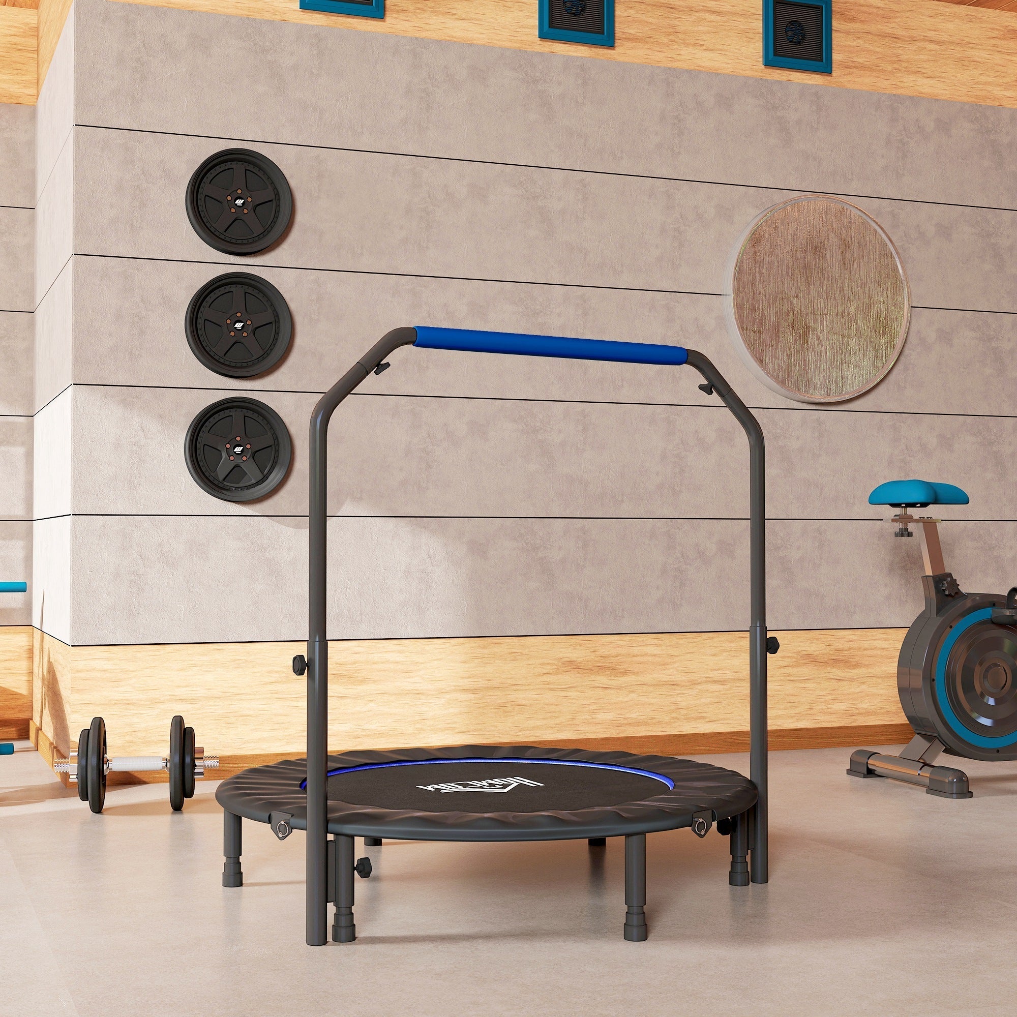 Homcom 48 foldable mini fitness trampoline with steel frame blue padded adjustable handlebar and six legs