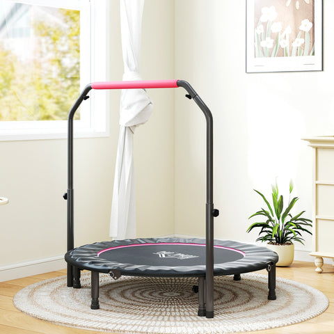 Homcom 48 inch foldable mini trampoline in black and pink with steel frame six legs and adjustable foam handlebar