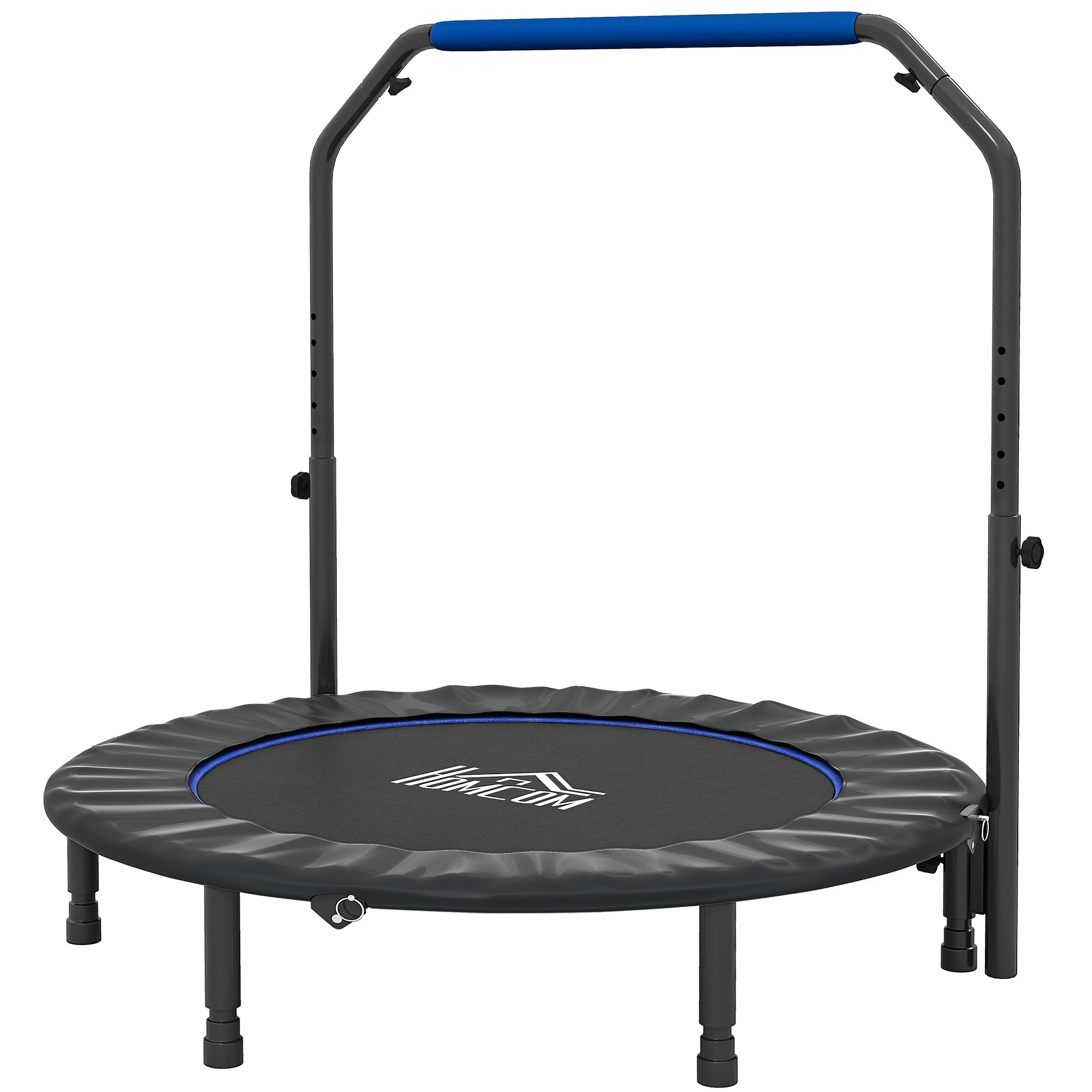 Homcom 48 inch foldable mini fitness trampoline with steel frame, blue adjustable handlebar, padded edges, and six legs