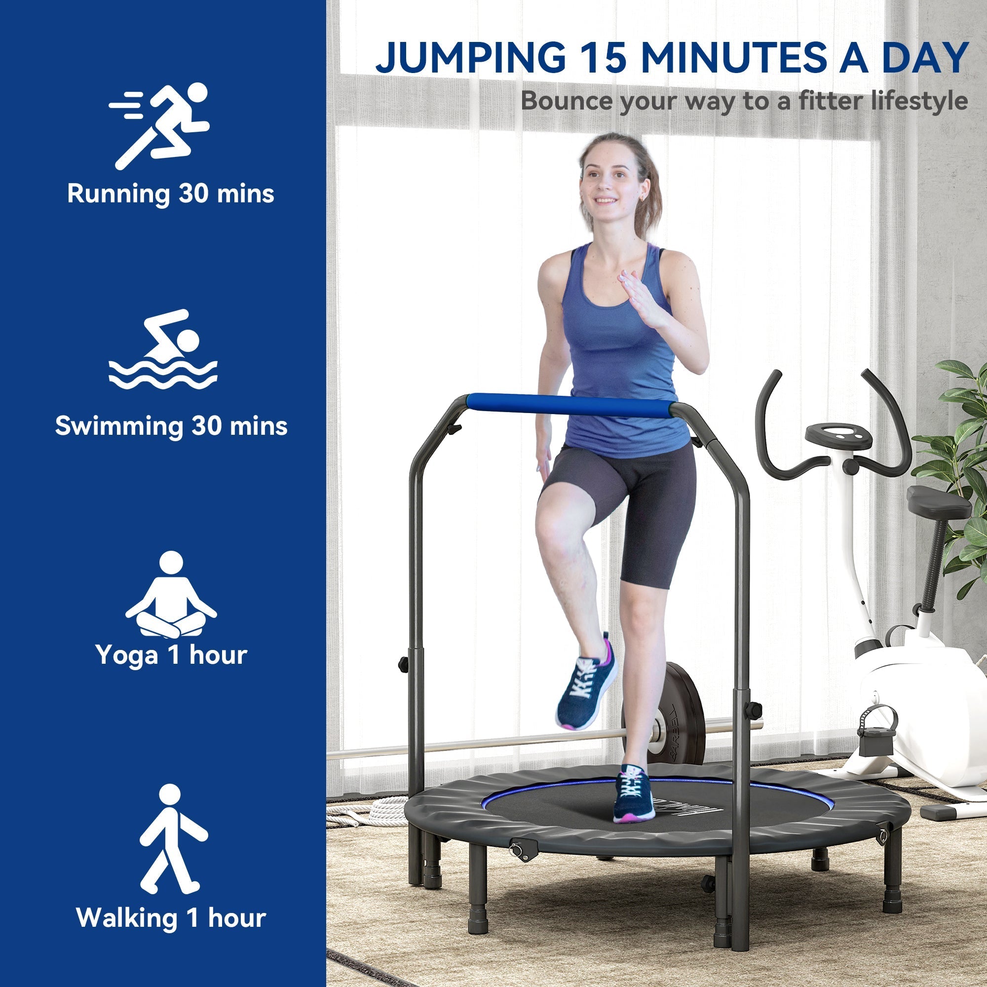 Black homcom 48 inch foldable fitness trampoline with blue adjustable foam handlebar and steel frame legs