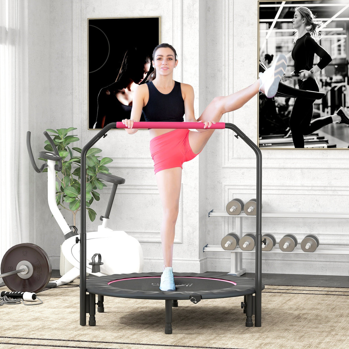 Black and pink homcom 48 foldable mini fitness trampoline with steel frame six legs and adjustable foam handlebar