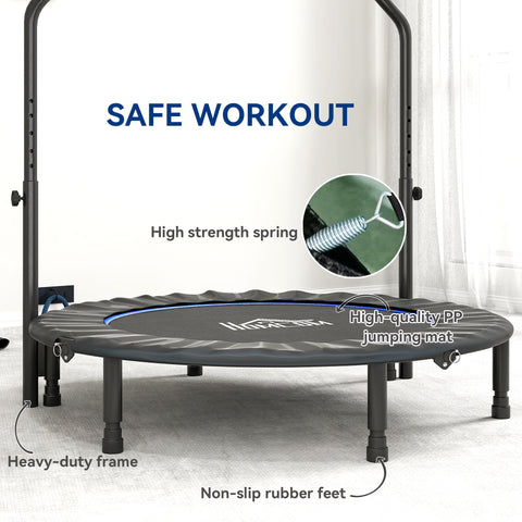 Homcom 48 inch foldable mini fitness trampoline with steel frame, six legs, adjustable foam handle, and blue mat