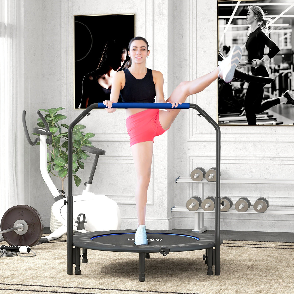 Homcom 48 blue fitness trampoline with steel frame and adjustable foam handlebar for easy workouts at home