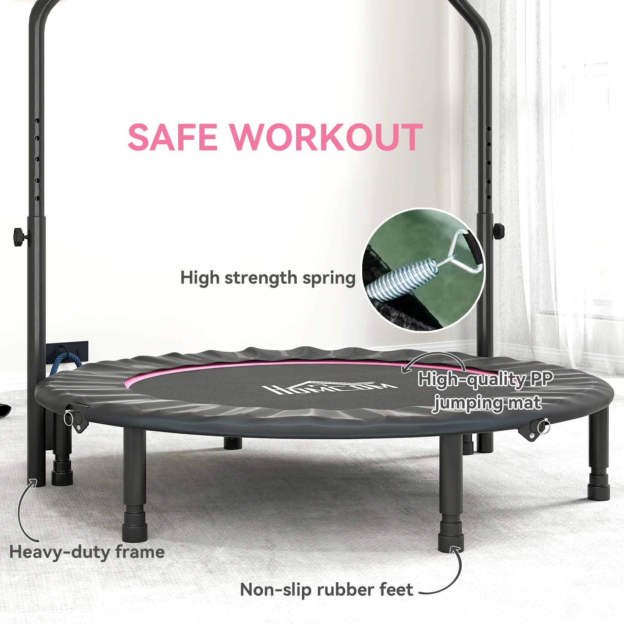 Black circular homcom 48 foldable mini fitness trampoline with pink rim steel frame six legs and adjustable foam handlebar