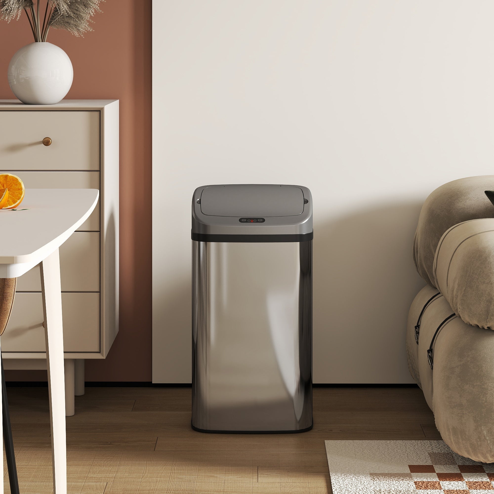 A sleek silver-tone stainless steel sensor bin with gray lid and black trim from homcom with a stainless steel body
