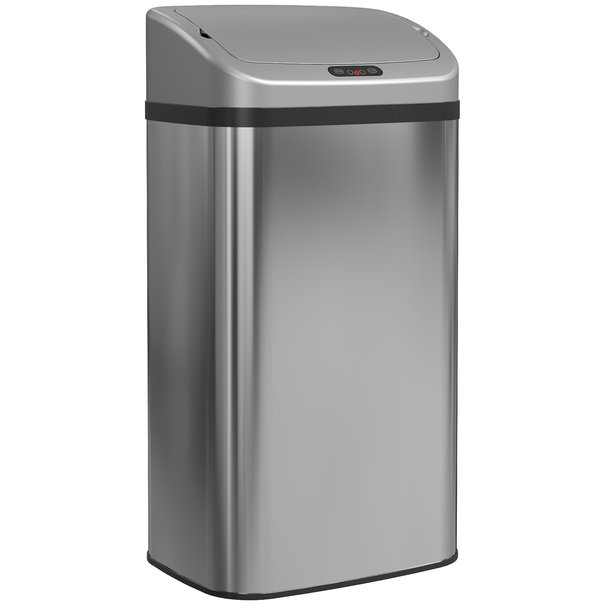 Silver homcom 48l sensor bin with stainless steel body and black trim featuring sleek modern rectangular design
