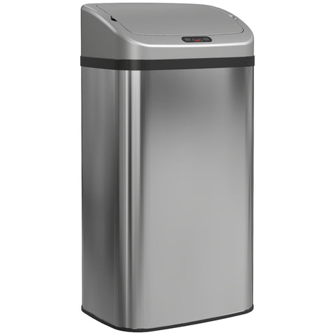 Silver homcom 48l sensor bin with stainless steel body and black trim featuring sleek modern rectangular design