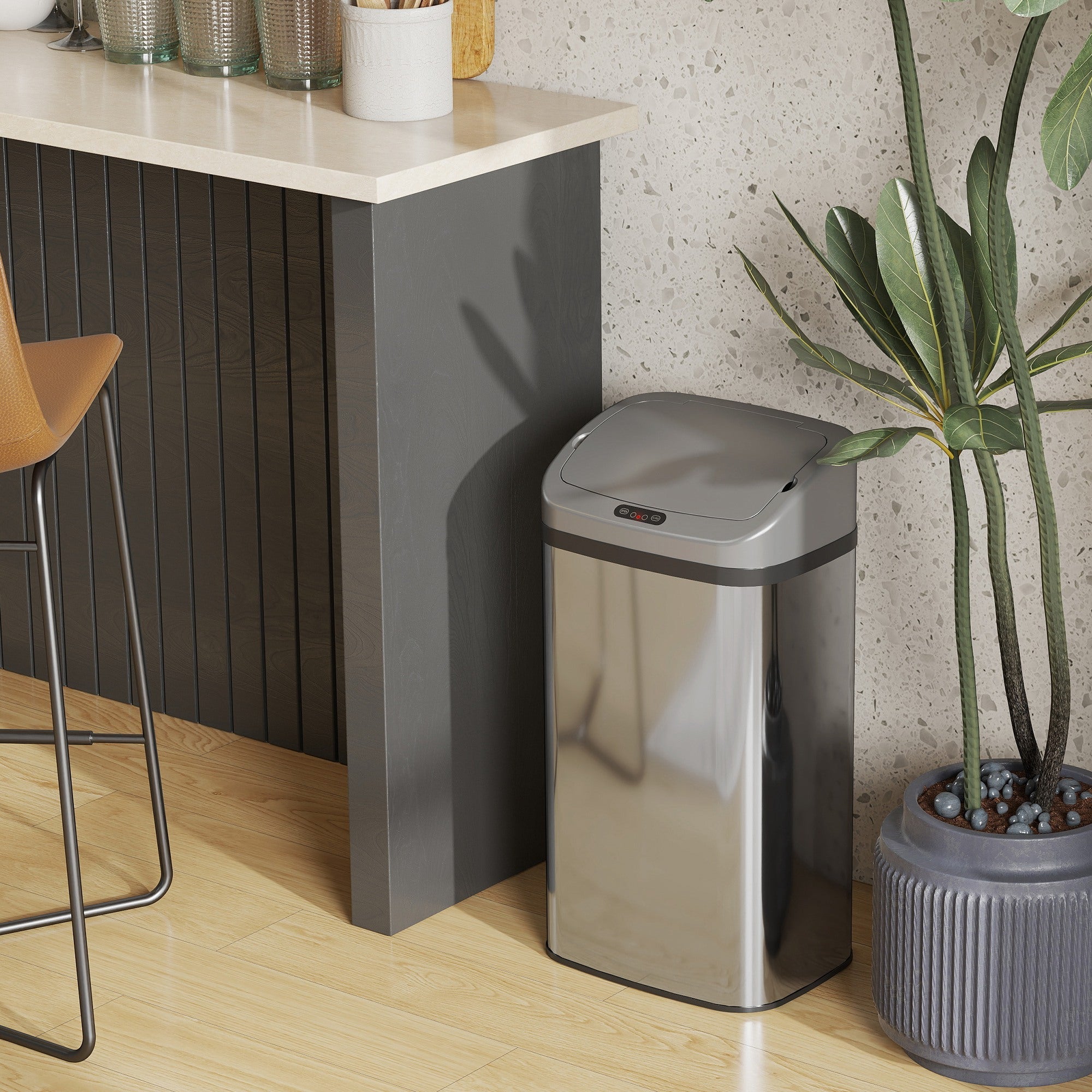 Silver rectangular sensor bin with stainless steel body and gray lid from homcom 48l stainless steel sensor bin