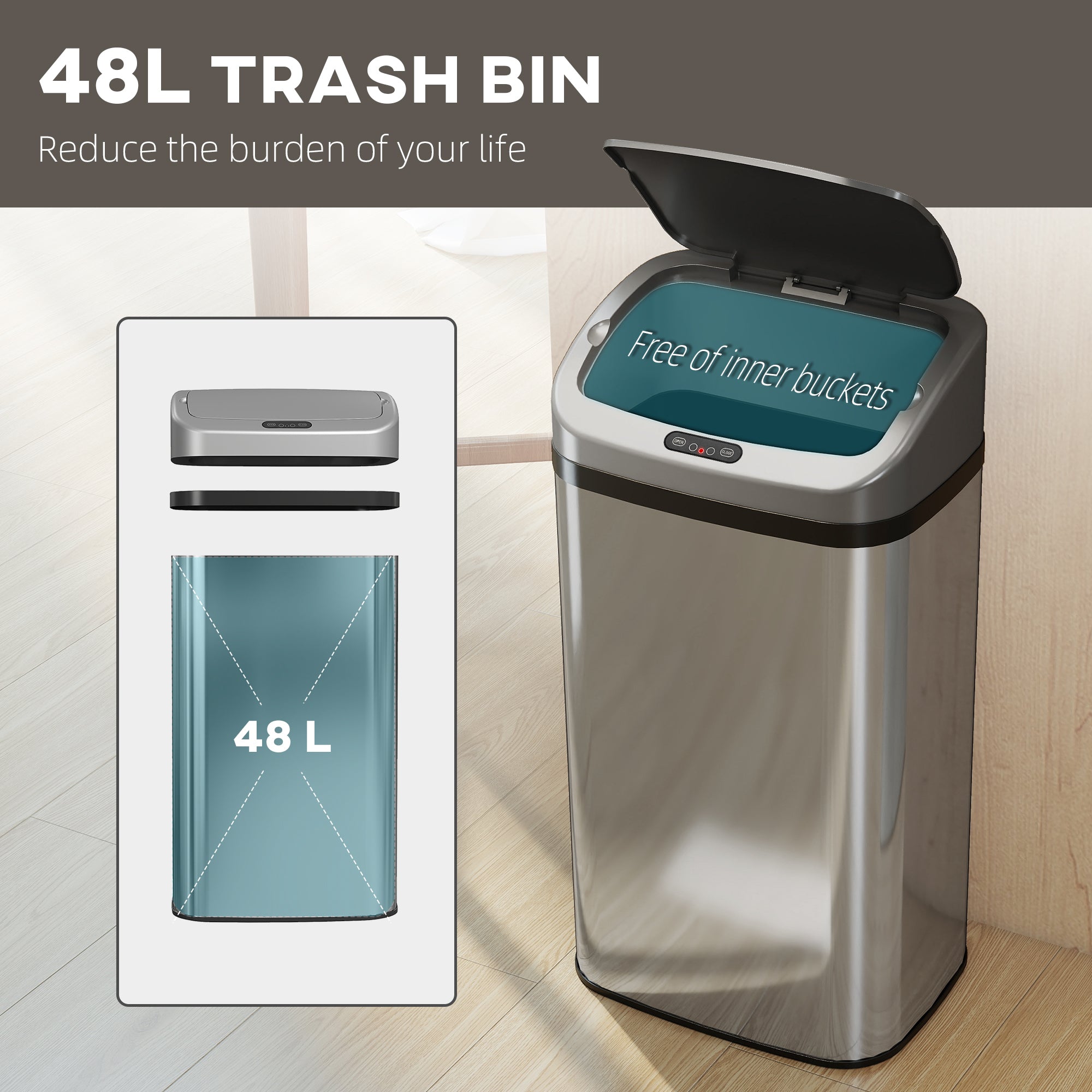 Homcom 48l sensor bin with stainless steel body and black lid featuring a sleek modern design in silver tone