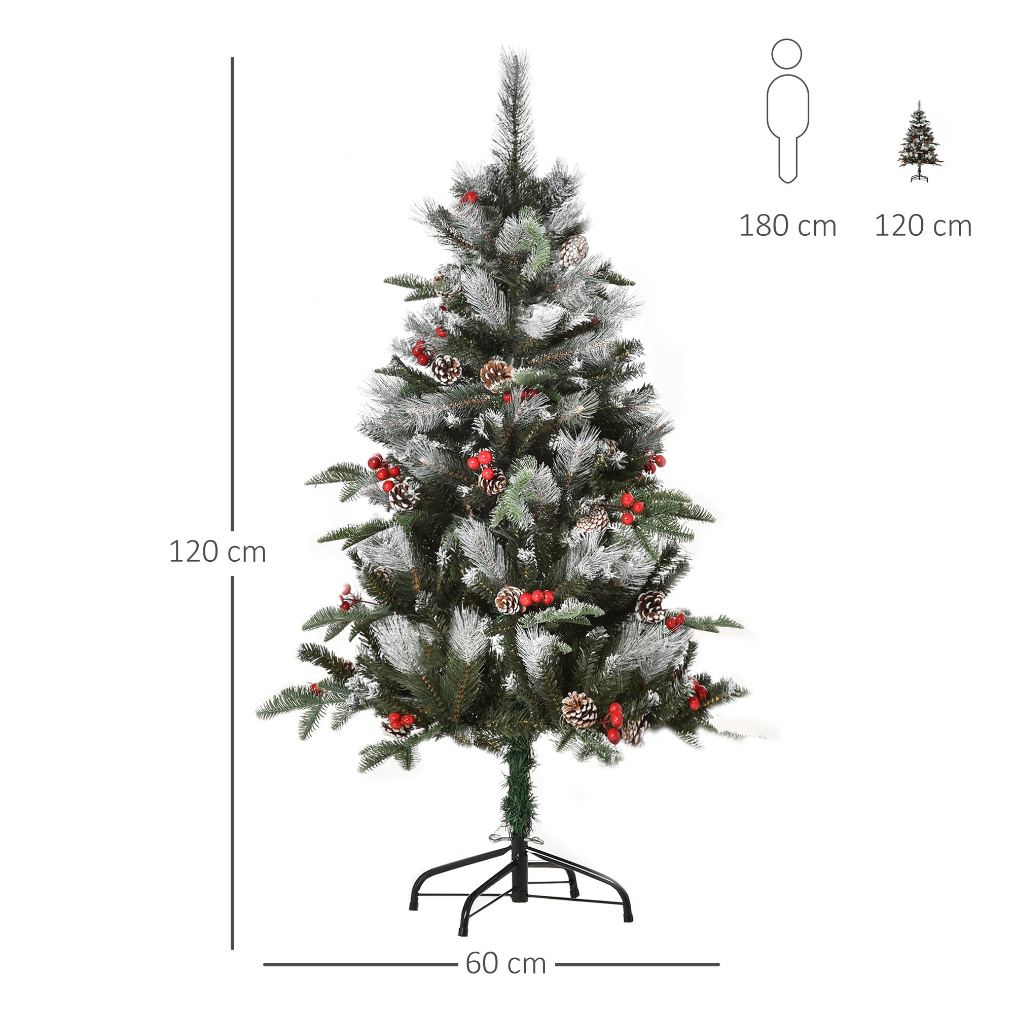 Frosted green homcom 4ft artificial christmas tree with red berries white pinecones on black foldable stand