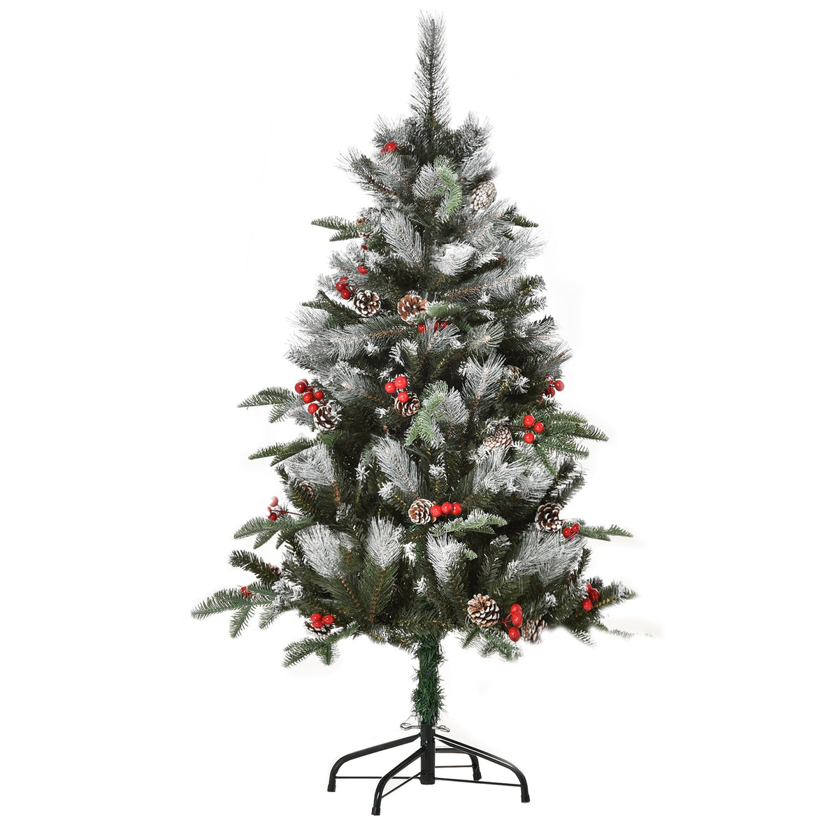 Homcom 4ft flocked artificial christmas tree with green needles red berries and white pinecones for holiday decor
