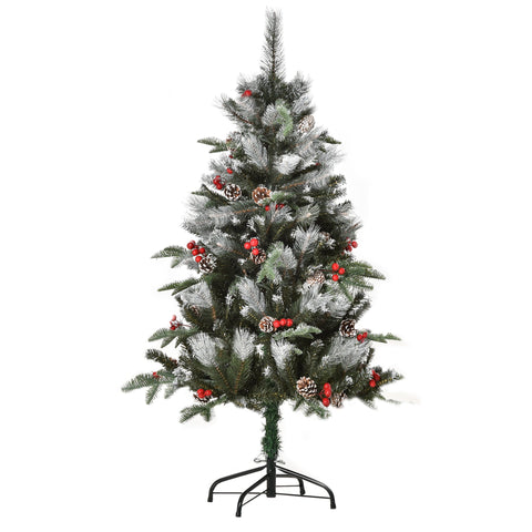 Homcom 4ft flocked artificial christmas tree with green needles red berries and white pinecones for holiday decor