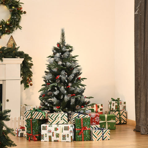 Homcom 4ft flocked green artificial christmas tree with red berries and white pinecones for holiday decor