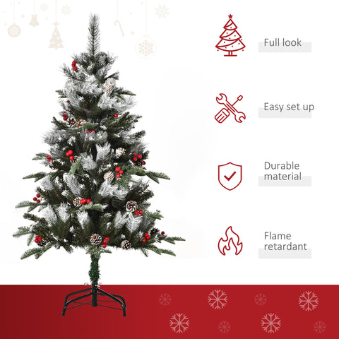 Flocked 4ft homcom christmas tree with green needles red berries white pinecones foldable feet for holiday decor