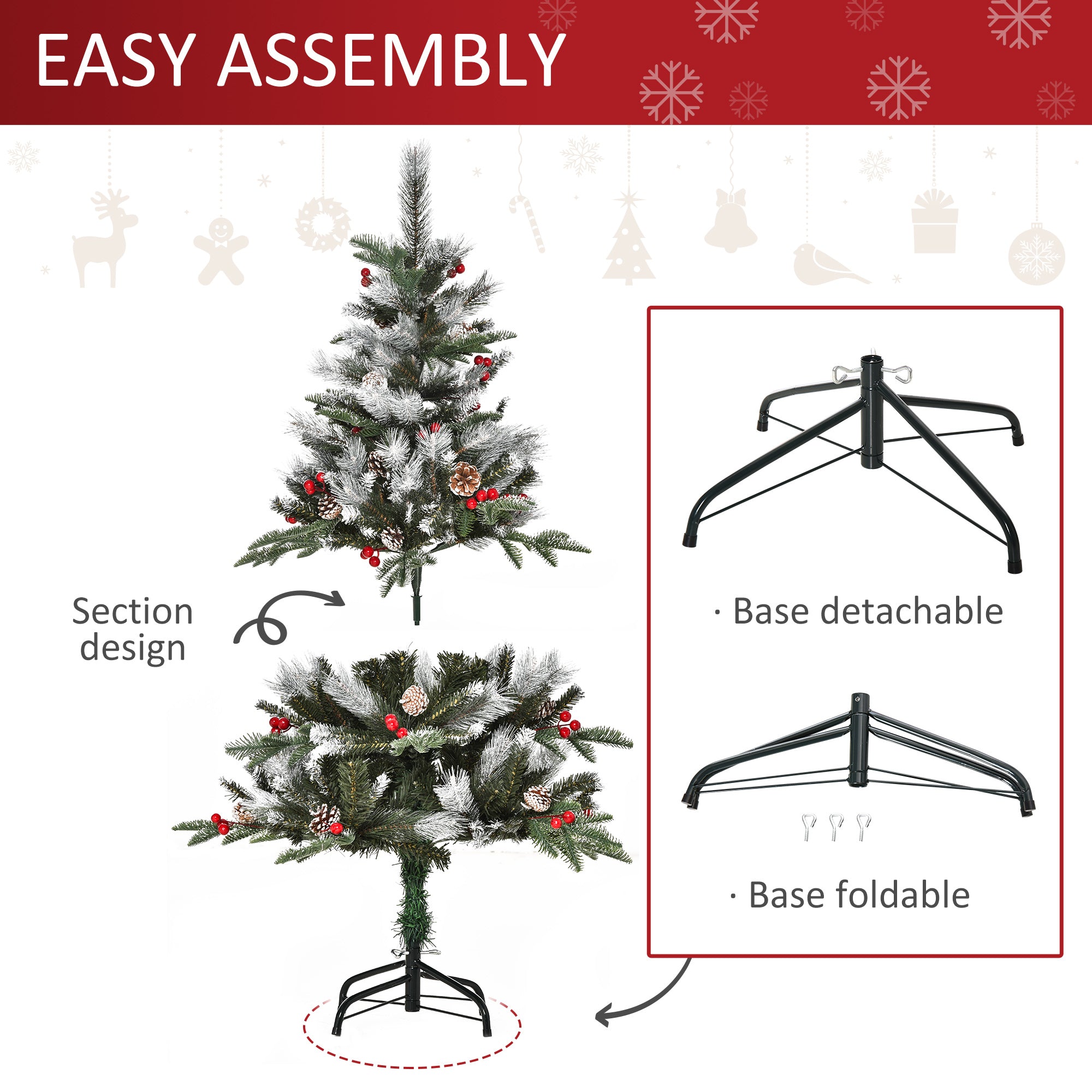 Homcom 4ft artificial christmas tree with green needles red berries and white pinecones perfect for holiday decor