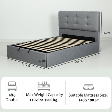 Grey upholstered ottoman bed with tufted headboard and gas lift storage base suitable mattress included