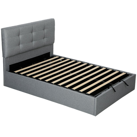 Gray upholstered ottoman bed frame with tufted headboard and gas lift storage suitable mattress 4ft6 double size