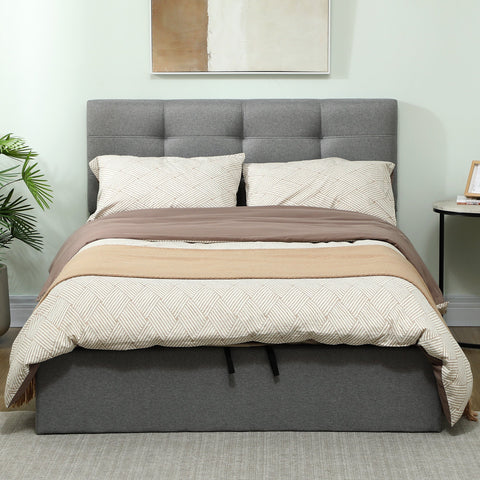 Gray tufted fabric headboard on homcom 4ft6 double ottoman bed frame with gas lift storage suitable mattress option