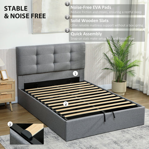 Gray upholstered ottoman bed frame with tufted headboard and wooden slats suitable mattress included