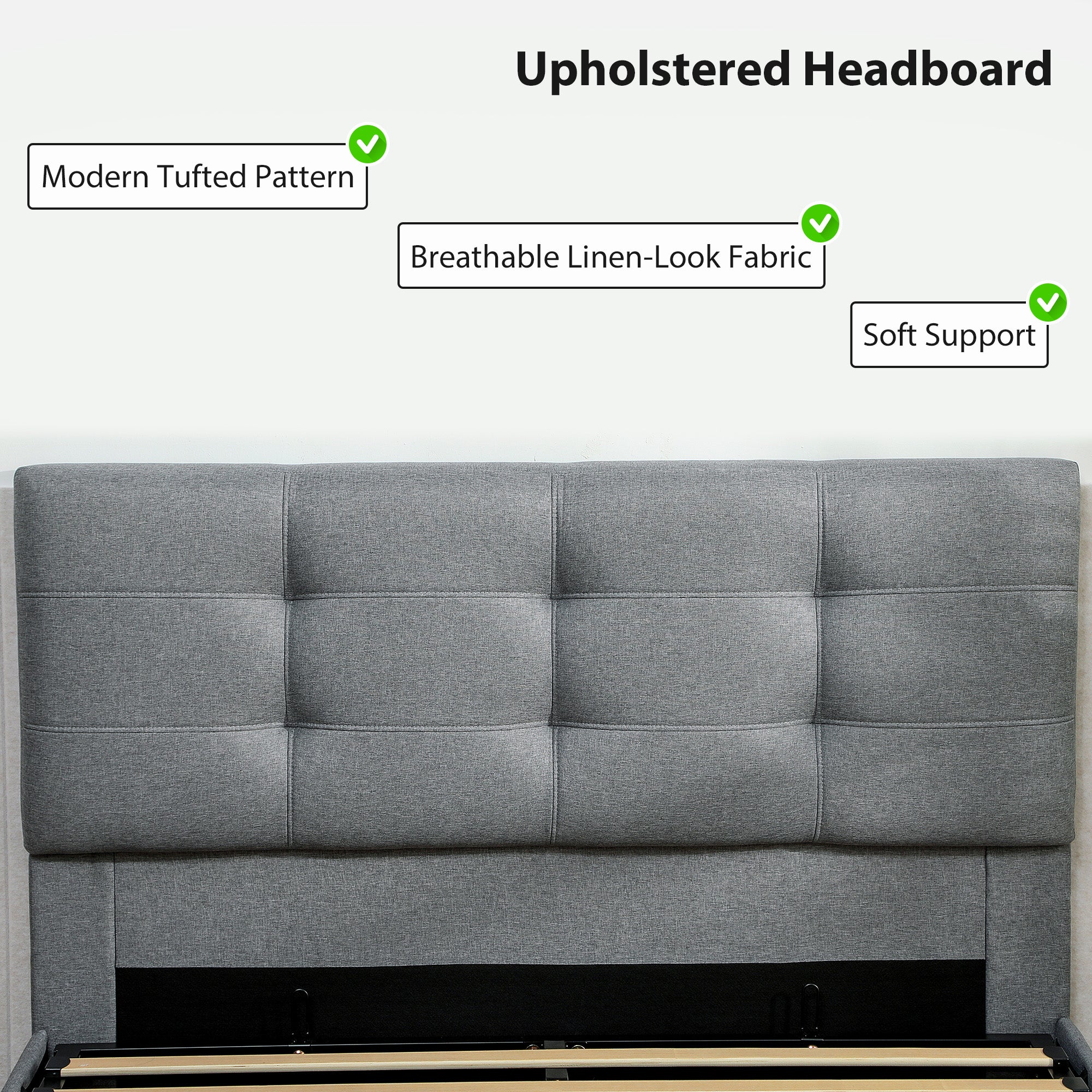 Gray upholstered ottoman bed frame with tufted headboard in breathable linen look fabric suitable mattress 4ft6 double