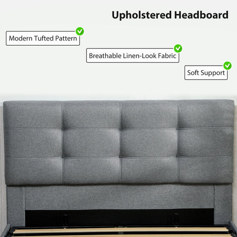Gray upholstered ottoman bed frame with tufted headboard in breathable linen look fabric suitable mattress 4ft6 double