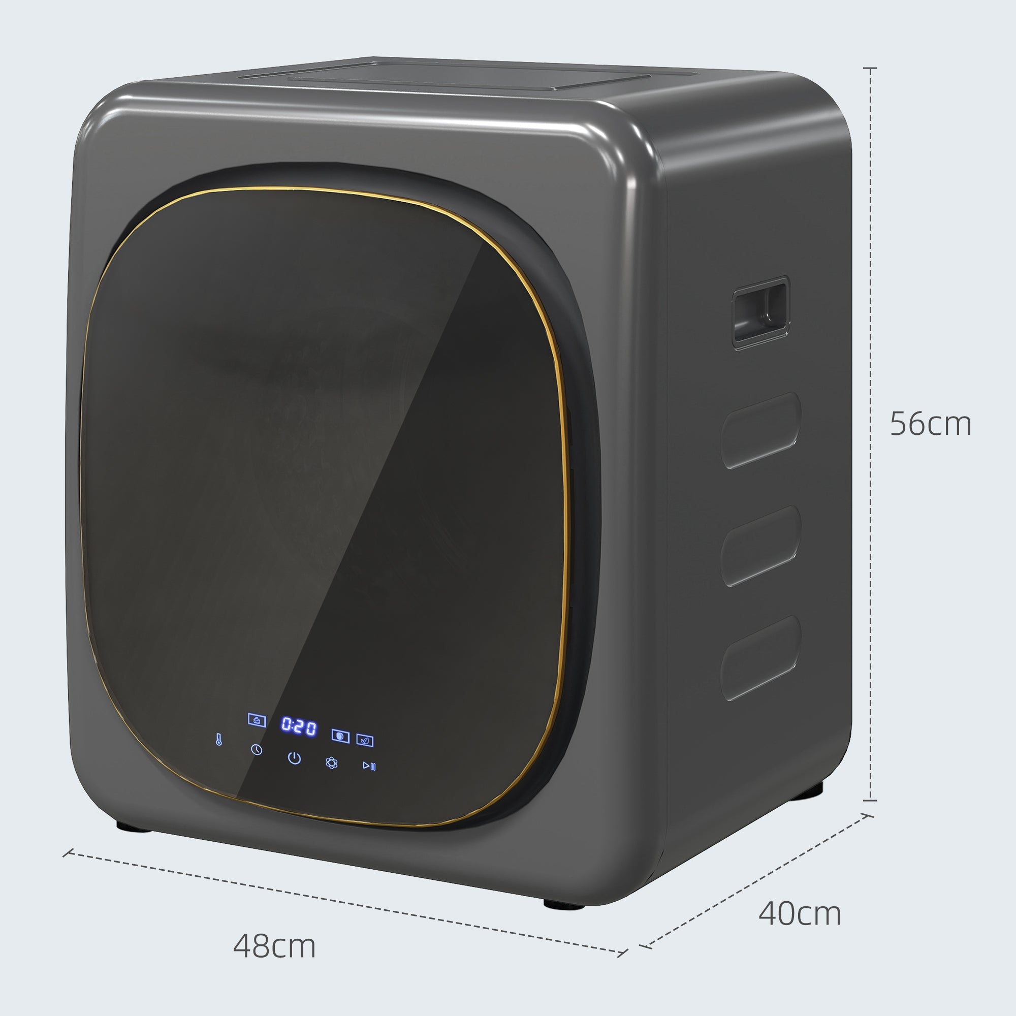 Dark gray homcom vented tumble dryer with gold-trimmed digital display and stainless steel tub for home and rvs