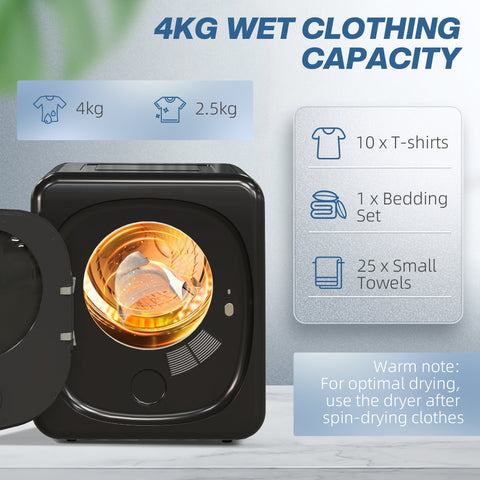 Black HOMCOM 4kg vented tumble dryer with stainless steel tub and glass door showing wet clothes inside