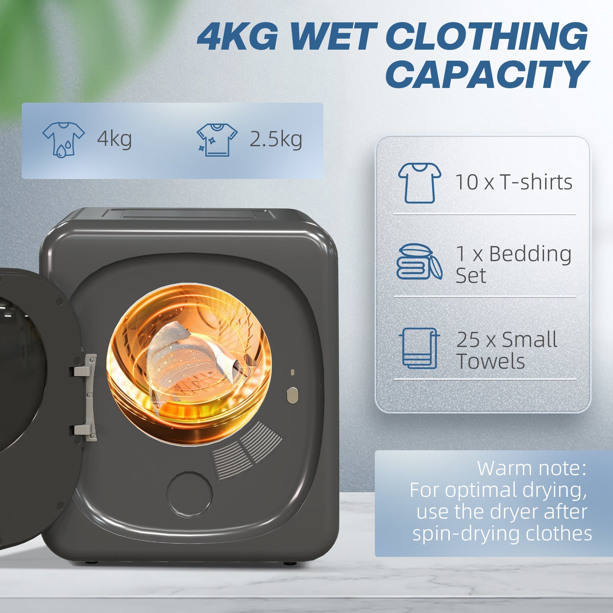 Gray homcom 4kg vented tumble dryer with stainless steel tub and front load door showing wet clothes inside