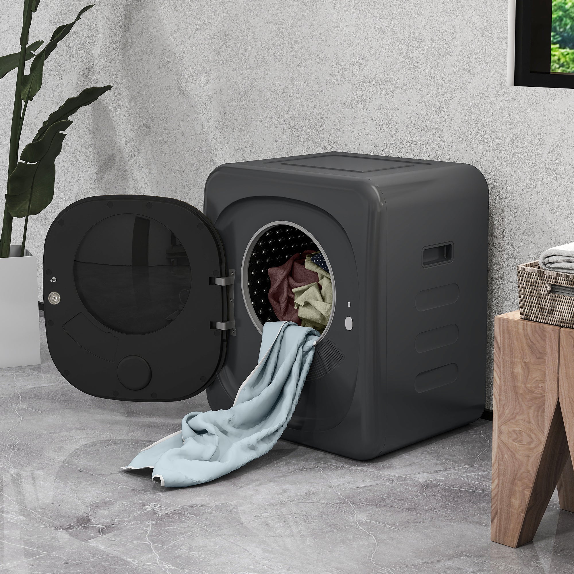 Black front-loading homcom vented tumble dryer with circular glass door and stainless steel tub for home and rv use