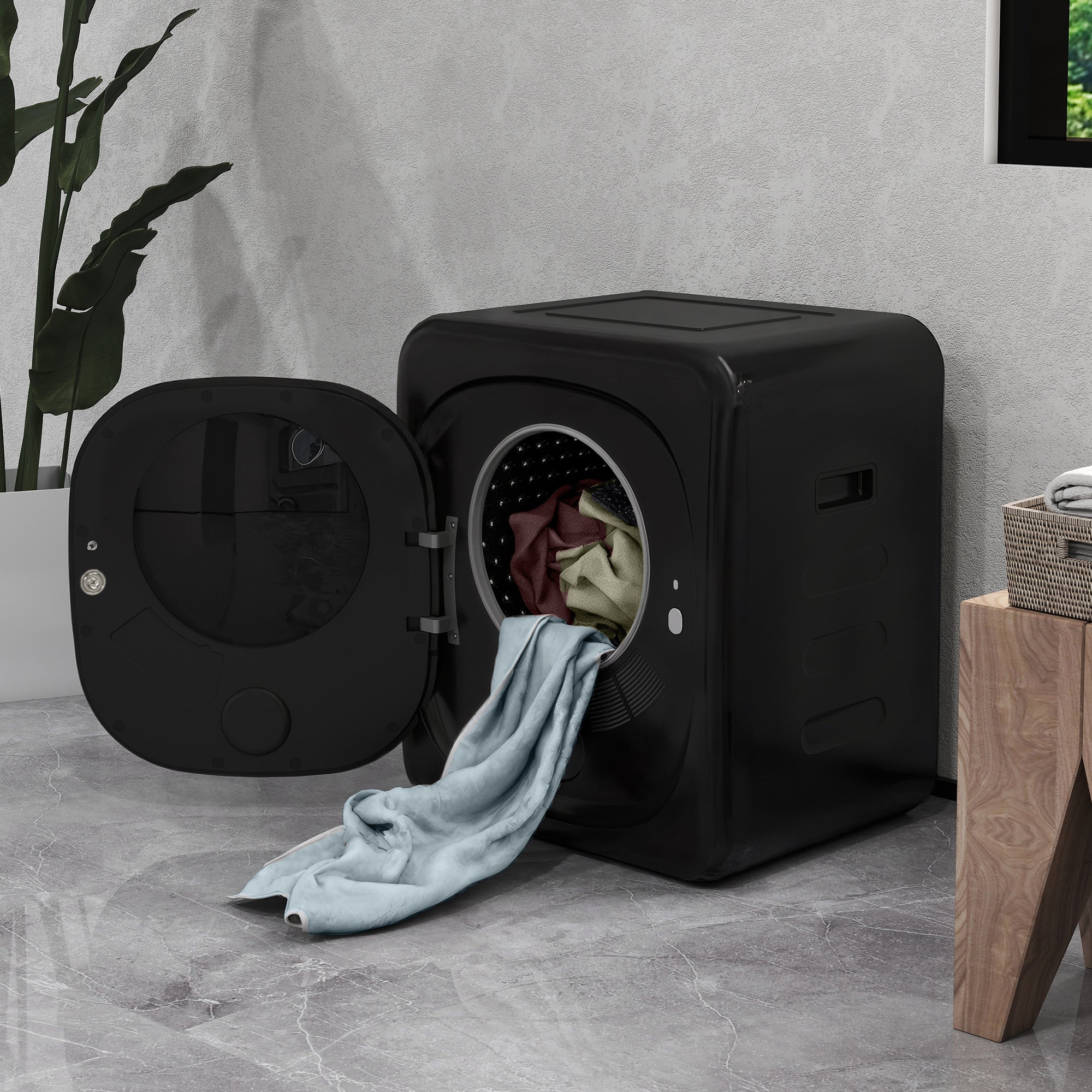 Black HOMCOM 4kg vented tumble dryer with stainless steel tub and open door showing a blue towel inside the drum