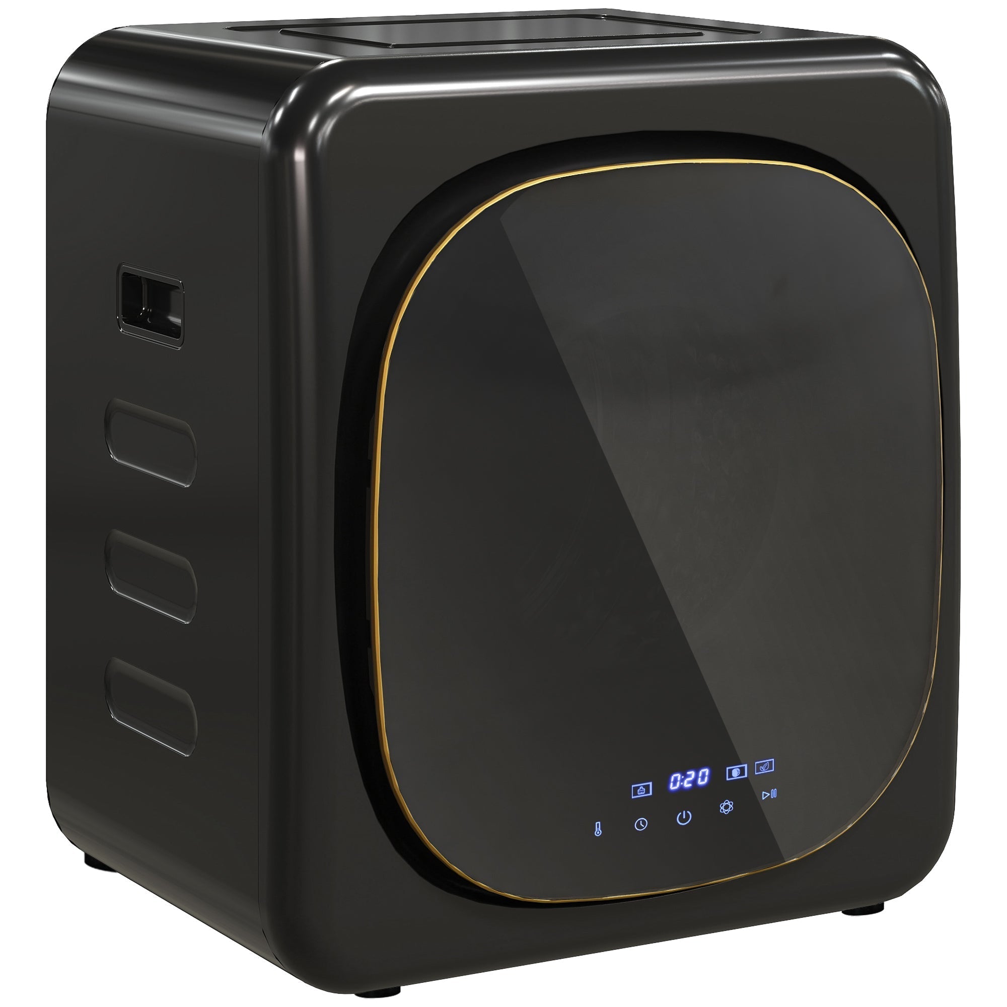 Black cube-shaped vented tumble dryer with gold-trimmed digital controls and stainless steel tub for home and rv use